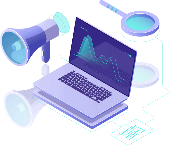 A Megaphone, a Magnifying Glass and a laptop screen with a graph on it | PNG